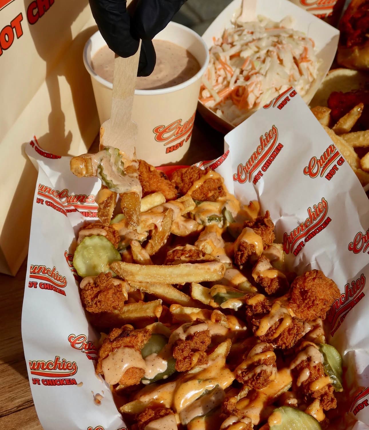 Crunchies Loaded Fries mit knusprigem Chicken, Pickles und Sauce